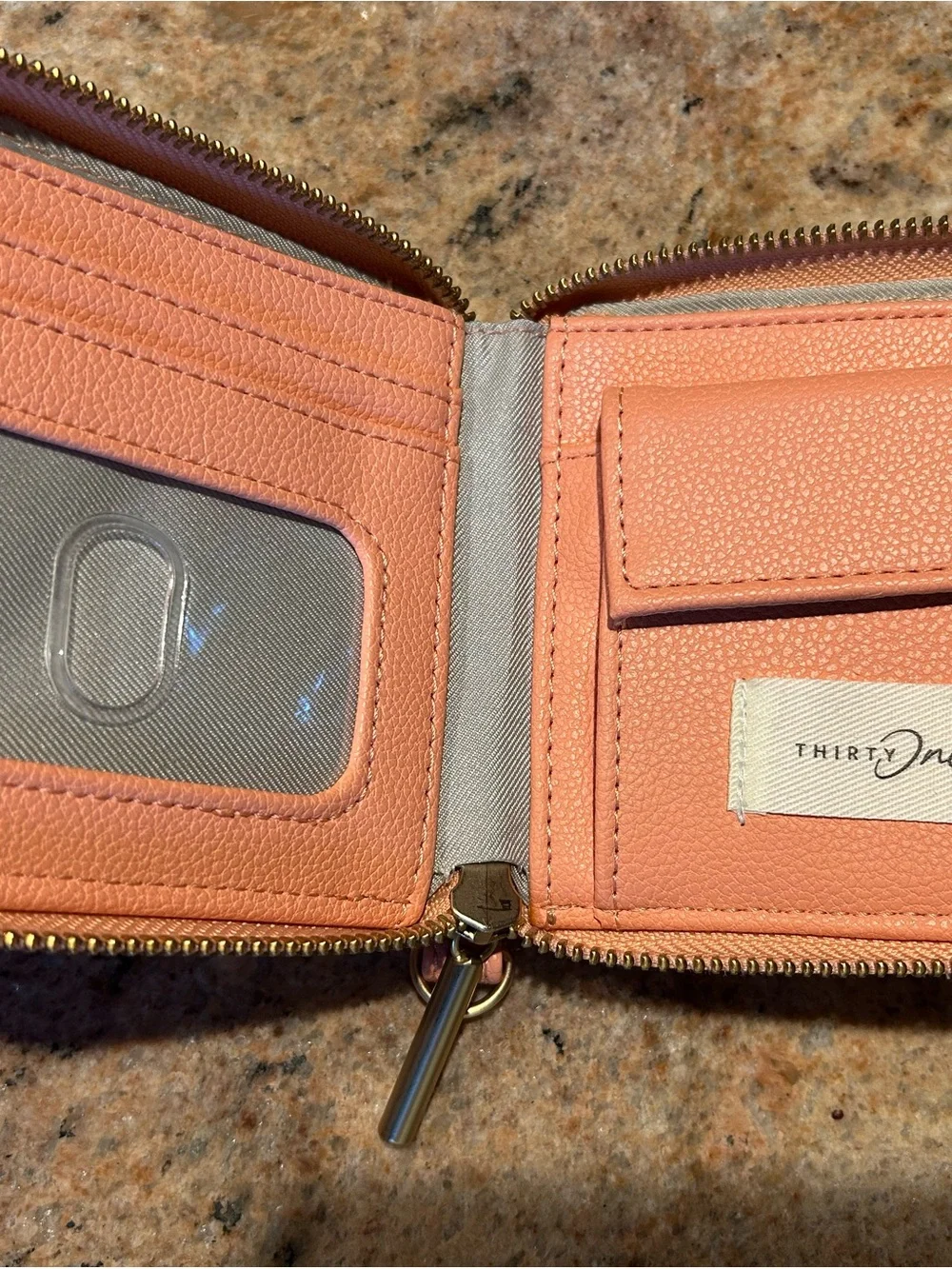 Thirty-One Gifts  Zippy 5” Wallet in Coral Peach Faux Pebble Leather NWOT